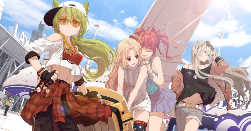 1boy 4girls ahoge aircraft airplane airport akashi_(azur_lane) animal_ears aran_sweater asymmetrical_clothes azur_lane baggy_pants bangs bare_shoulders bent black_blouse black_gloves black_panties black_pants blonde_hair blouse blue_skirt blue_sky blush bow bra bracelet breasts brown_jacket casual cat_ears chains cleveland_(azur_lane) closed_mouth clothes_around_waist clouds commentary crop_top crop_top_overhang day dishwasher1910 earrings ears_through_headwear enterprise_(azur_lane) eyebrows_visible_through_hair eyewear_on_head fang fingerless_gloves floating_hair gloves gold green_hair grey_pants grey_sweater hair_between_eyes hair_ornament hair_ribbon hair_scrunchie hand_on_hip hat highleg highleg_panties holding jacket jewelry large_breasts leaning_forward lens_flare long_hair long_sleeves looking_at_viewer low_ponytail luggage medium_breasts midriff multiple_girls navel necklace off-shoulder_blouse off_shoulder official_art one_side_up open_clothes open_jacket open_mouth orange_scrunchie outdoors panties pants pink_ribbon plaid plaid_sweater pleated_skirt red_eyes redhead ribbon ruby_(gemstone) san_diego_(azur_lane) scrunchie shirt shoes short_shorts shorts shoulder_cutout sidelocks silver_hair single_pantsleg skindentation skirt sky sleeveless sleeveless_shirt small_breasts smile sneakers star star_print stud_earrings sunglasses sunlight sweater sweater_around_waist sweater_vest teal_shirt thigh-highs tinted_eyewear tsurime twintails underwear very_long_hair violet_eyes watch white_bra white_crop_top white_hat white_shorts wind wristband yellow_bra yellow_eyes