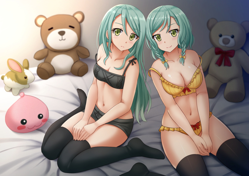 2girls bang_dream! bangs bare_arms bare_shoulders bed_sheet between_legs black_bra black_legwear black_panties blush bow bow_bra bow_panties bra braid breasts cleavage closed_mouth collarbone commentary english_commentary eyebrows_visible_through_hair green_eyes green_hair hair_between_eyes hair_bow hand_between_legs highres hikawa_hina hikawa_sayo kazenokaze long_hair medium_breasts multiple_girls navel no_shoes panties red_bow siblings side_braids sisters sitting small_breasts smile strap_slip stuffed_animal stuffed_bunny stuffed_toy teddy_bear thigh-highs twin_braids twins underwear underwear_only very_long_hair wariza yellow_bow yellow_bra yellow_panties
