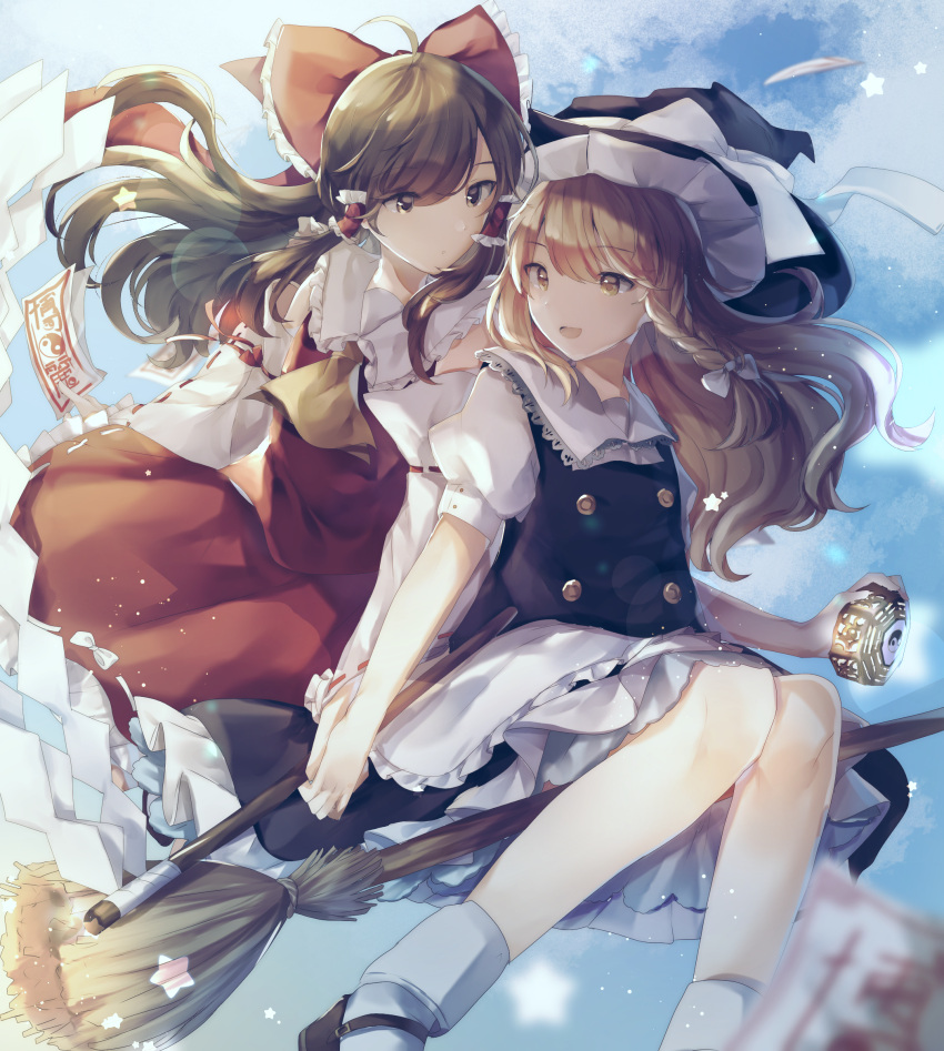 2girls :o apron bangs between_fingers black_footwear black_skirt black_vest blonde_hair bow braid broom broom_riding brown_eyes brown_hair commentary_request cravat detached_sleeves eyebrows_visible_through_hair eyes_visible_through_hair flying gohei hair_bow hair_ribbon hair_tubes hakurei_reimu hand_holding hat hat_ribbon highres holding kirisame_marisa long_hair looking_at_another looking_back mini-hakkero multiple_girls ofuda petticoat ponytail puffy_short_sleeves puffy_sleeves red_skirt red_vest ribbon ribbon-trimmed_sleeves ribbon_trim ruoruomi shirt short_sleeves single_braid sitting skirt star swept_bangs touhou tress_ribbon vest waist_apron white_legwear white_shirt witch_hat yellow_eyes yellow_neckwear