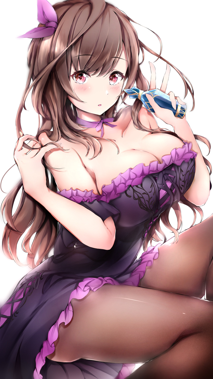1girl absurdres bangs black_dress blush bottle bow breasts brown_hair choker cleavage dress frills hair_bow hand_gesture highres idolmaster idolmaster_shiny_colors large_breasts long_hair looking_at_viewer neofreet pantyhose parted_lips pink_eyes purple_bow simple_background solo swept_bangs thighs tsukioka_kogane v white_background