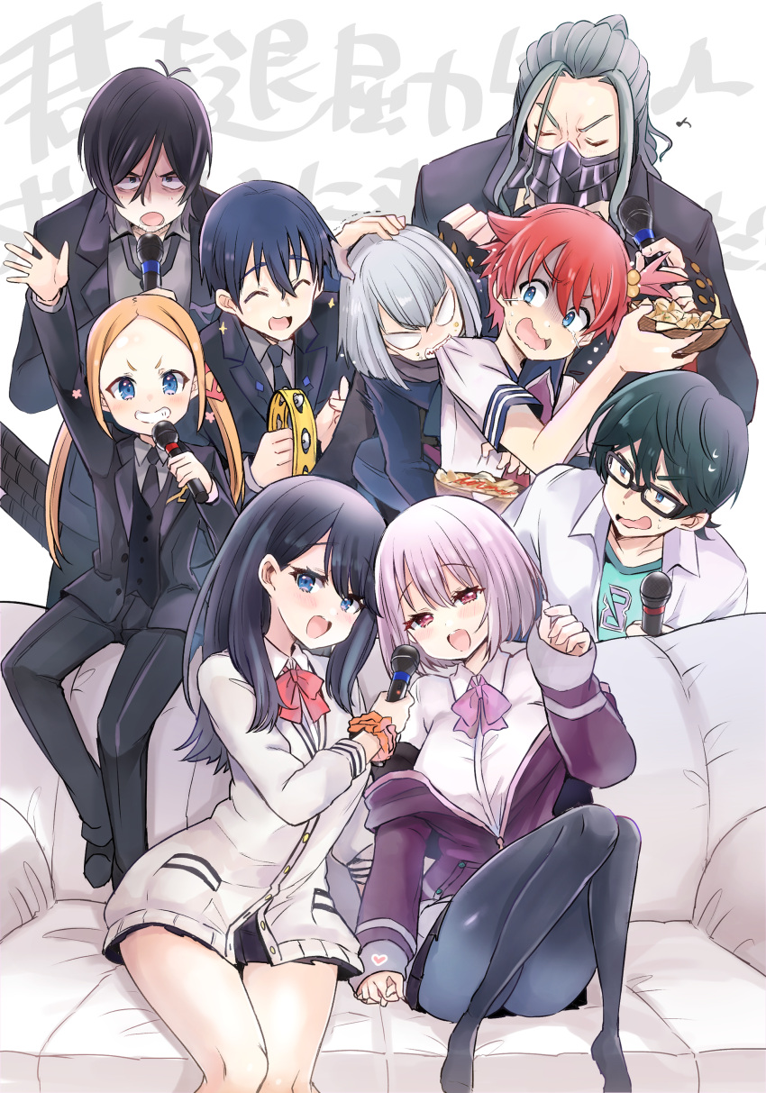 2girls 6+boys :d absurdres anti_(ssss.gridman) biting biting_clothes black-framed_eyewear black_hair black_neckwear black_skirt black_vest blonde_hair blue_bow blue_eyes blue_hair blush borr bow clenched_hand couch covered_mouth crossdressinging facial_hair food glasses grey_hair grin hair_bobbles hair_ornament hand_holding hand_on_another's_head hand_up hibiki_yuuta highres instrument jacket kamiya_zuzu karaoke lavender_hair long_hair long_sleeves microphone multiple_boys multiple_girls necktie no_pupils off_shoulder open_mouth pantyhose ponytail purple_bow purple_jacket red_bow redhead samurai_calibur school_uniform sheath sheathed shinjou_akane shirt short_hair short_sleeves sidelocks sitting skirt smile ssss.gridman stubble sword t-shirt takarada_rikka tambourine twintails utsumi_shou vest weapon white_background