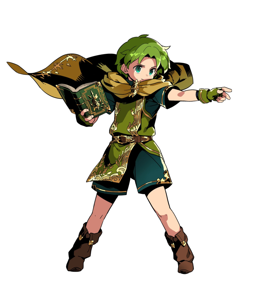 1boy belt book boots cape child fingerless_gloves fire_emblem fire_emblem:_fuuin_no_tsurugi fire_emblem_heroes full_body gloves green_eyes green_hair highres himukai_yuuji lugh_(fire_emblem) male_focus nintendo official_art solo transparent_background