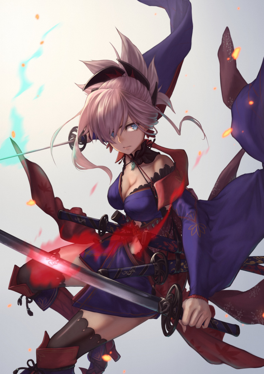 1girl absurdres blue_eyes breasts cleavage dual_wielding earrings fate/grand_order fate_(series) highres holding jewelry katana large_breasts miyamoto_musashi_(fate/grand_order) navel navel_cutout pink_hair sheath sword thigh-highs weapon yasu_(segawahiroyasu)