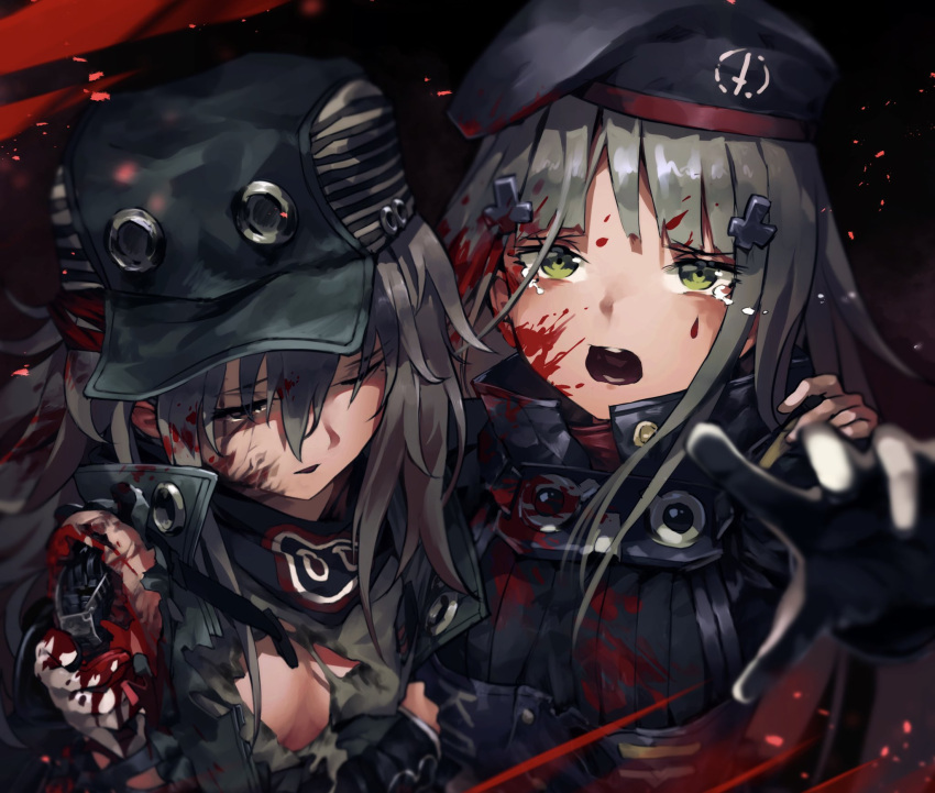 2girls aamond android bandanna beret bleeding blood blood_on_face breasts carrying cleavage closed_eyes commentary_request crying crying_with_eyes_open g11_(girls_frontline) girls_frontline goggles goggles_around_neck green_eyes hat highres hk416_(girls_frontline) injury jacket multiple_girls open_mouth silver_hair tears torn_clothes