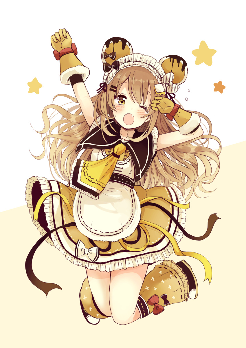 1girl ;o absurdres animal_ears arm_up bangs bear_ears black_bow black_footwear blush bow brown_background brown_eyes brown_gloves brown_hair brown_skirt eyebrows_visible_through_hair fang frilled_neckwear frilled_skirt frills full_body gloves hair_between_eyes highres leg_warmers long_hair looking_at_viewer one_eye_closed open_mouth original red_bow sakura_oriko shirt shoes simple_background skirt solo tears very_long_hair white_bow white_shirt yellow_neckwear