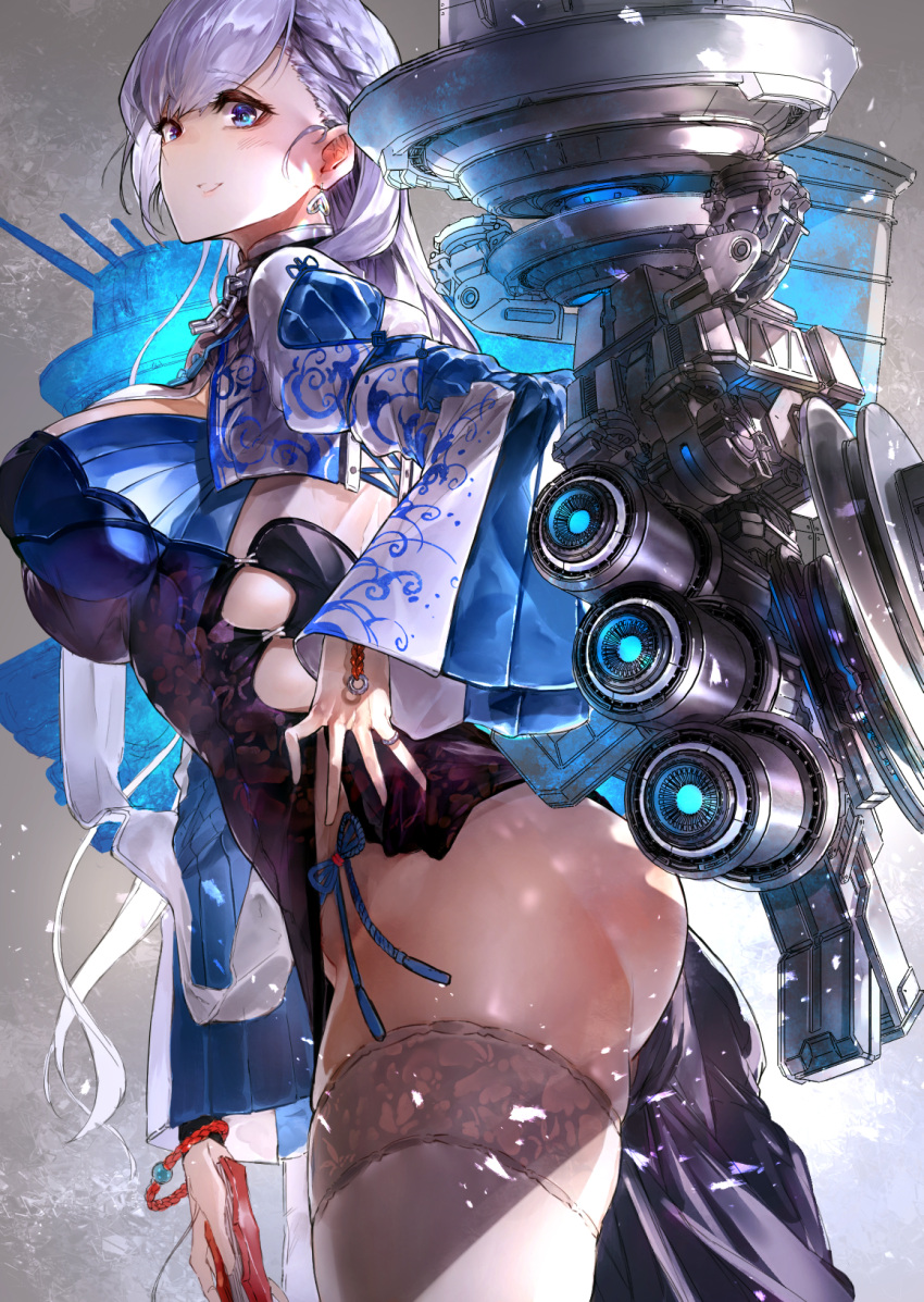1girl alternate_costume ass azur_lane bangs belfast_(azur_lane) belfast_(iridescent_rose)_(azur_lane) blue_dress blue_eyes braid breasts chains china_dress chinese_clothes collar commentary_request dress earrings eyebrows_visible_through_hair fan folding_fan french_braid from_side hand_on_hip highres holding holding_fan jewelry large_breasts long_hair long_sleeves looking_at_viewer pinky_ring rigging side_slit signo_aaa silver_hair solo thigh-highs thighs white_legwear
