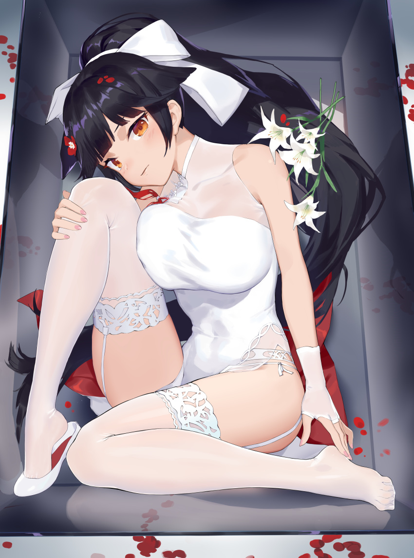 1girl absurdres azur_lane black_hair bow box breasts covered_navel daffodil dress fingerless_gloves flower garter_belt gloves hair_bow hair_flaps highres in_box in_container large_breasts long_hair looking_at_viewer nail_polish orange_eyes petals ponytail sitting solo sparrow_(xici9527) symbol_commentary takao_(azur_lane) takao_(spring_learning)_(azur_lane) taut_clothes taut_dress thigh-highs very_long_hair white_dress white_gloves white_legwear
