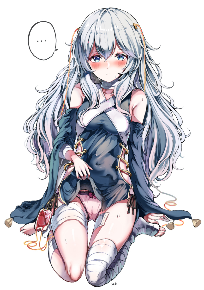 ... 1girl absurdres bandage bandaged_leg bandages bangs bare_shoulders blood blood_bag blue_eyes blush breasts closed_mouth covered_navel dress dress_lift eyebrows_visible_through_hair girls_frontline hair_between_eyes highres intravenous_drip lifted_by_self long_hair looking_at_viewer panties ribeyrolles_1918_(girls_frontline) sak_(lemondisk) silver_hair simple_background sitting solo spoken_ellipsis sweat taut_clothes taut_dress underwear very_long_hair wariza wavy_hair white_background white_panties