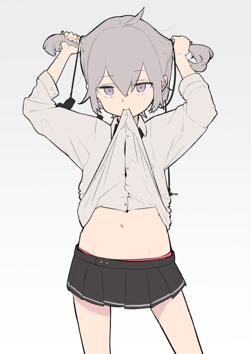 1girl arms_up bangs black_skirt bunching_hair collared_shirt commentary dress_shirt eyebrows_visible_through_hair girls_frontline grey_background grey_hair grey_shirt gz_(gzdteee) hair_between_eyes highres lifted_by_self long_sleeves m200_(girls_frontline) navel panties pleated_skirt red_panties shirt shirt_lift sidelocks simple_background skirt solo twintails underwear violet_eyes
