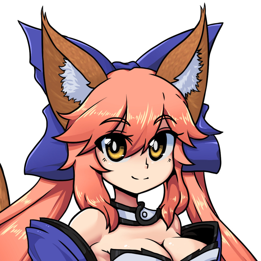 1girl animal_ear_fluff animal_ears bare_shoulders blue_kimono blue_ribbon breasts cleavage detached_sleeves eyebrows_visible_through_hair fate/extra fate/grand_order fate_(series) fox_ears fox_girl fox_tail godichi hair_ribbon japanese_clothes kimono large_breasts light_smile looking_at_viewer pink_hair red_eyes ribbon simple_background solo tail tamamo_(fate)_(all) tamamo_no_mae_(fate) upper_body white_background yellow_eyes
