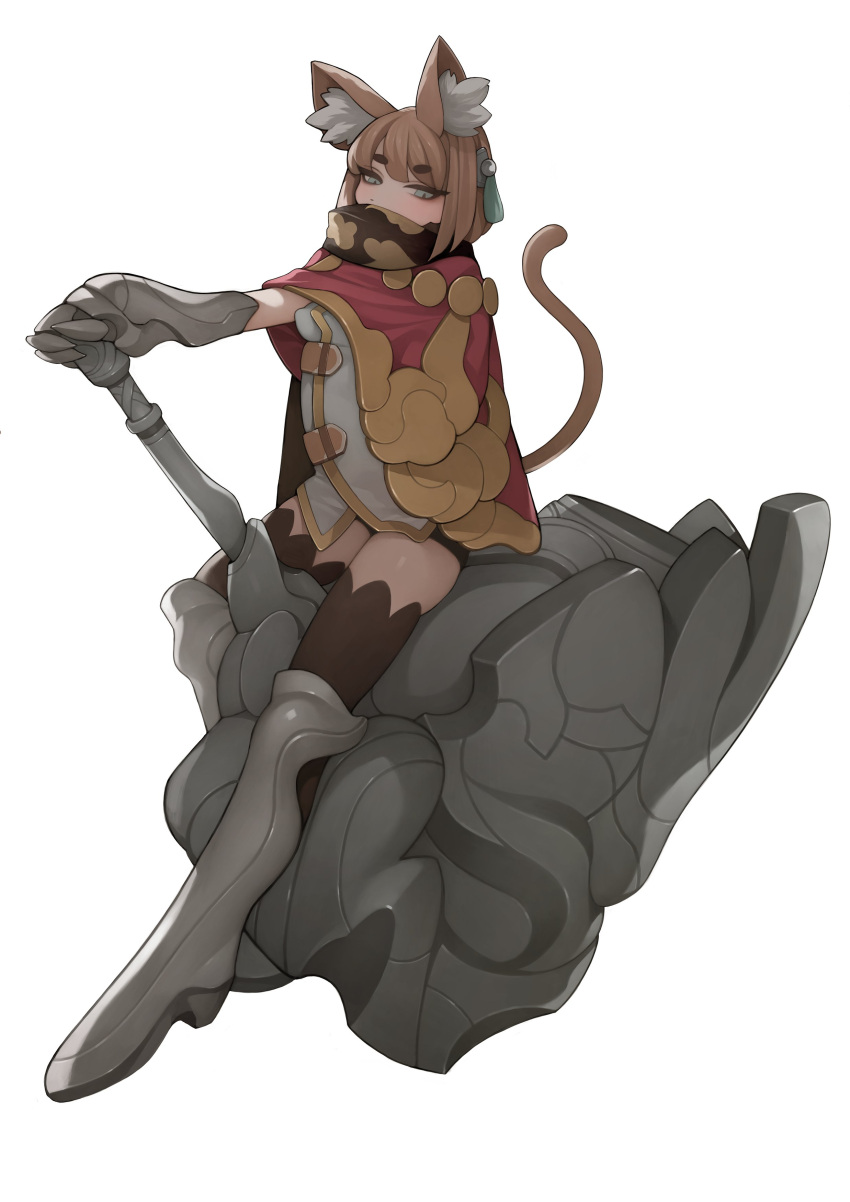 1girl absurdres animal_ears bangs blush brown_legwear cat_ears cat_tail cloak eyebrows_visible_through_hair gauntlets hammer highres holding holding_hammer holding_weapon medium_hair original rabbit_(wlsdnjs950) red_cloak simple_background sitting solo tail thigh-highs weapon