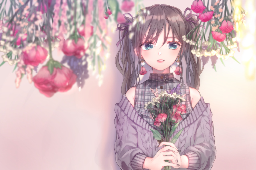 1girl against_wall aqua_eyes bangs black_hair black_nails blurry_foreground bouquet commentary_request earrings flower flower_earrings grey_shirt grey_sweater hair_ribbon highres holding holding_bouquet jewelry long_hair long_sleeves making_of nail_polish original parted_lips plaid plaid_shirt purple_ribbon ribbon shiki_hinako shirt shoulder_cutout solo sweater upper_body