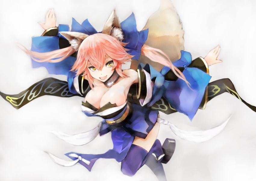 1girl animal_ear_fluff animal_ears bana_(stand_flower) bare_shoulders blue_kimono blue_ribbon breasts cleavage collarbone detached_sleeves fangs fate/extra fate/grand_order fate_(series) fox_ears fox_girl fox_tail hair_ribbon highres japanese_clothes kimono large_breasts open_mouth pink_hair ribbon simple_background solo tail tamamo_(fate)_(all) tamamo_no_mae_(fate) white_background yellow_eyes