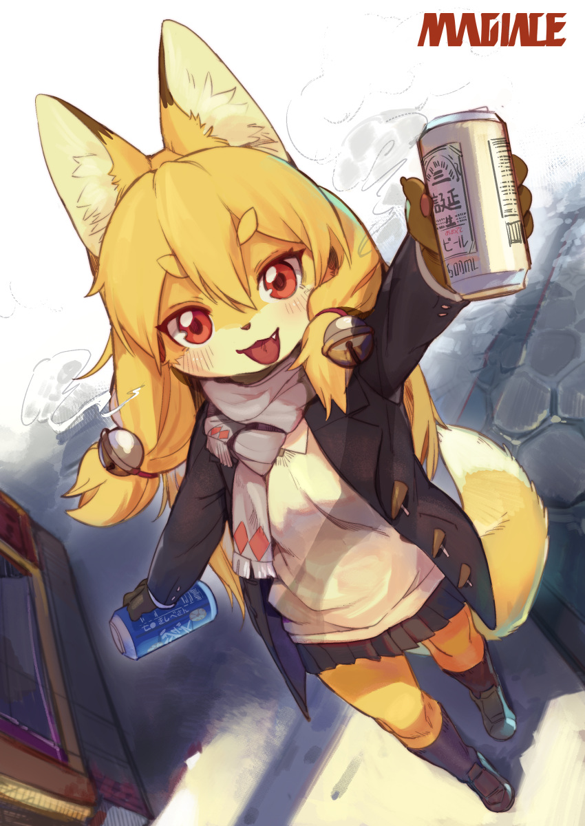 1girl absurdres alcohol animal_ears arm_up artist_name beer beer_can bell black_coat black_footwear black_legwear black_skirt blonde_hair borrowed_character can coat duffel_coat fang foreshortening fox_ears fox_tail from_above furry furugitsune grey_scarf hair_ornament highres holding jingle_bell kneehighs long_hair looking_up magiace offering open_mouth original outdoors red_eyes scarf shoes skirt smile solo sweater tail white_sweater