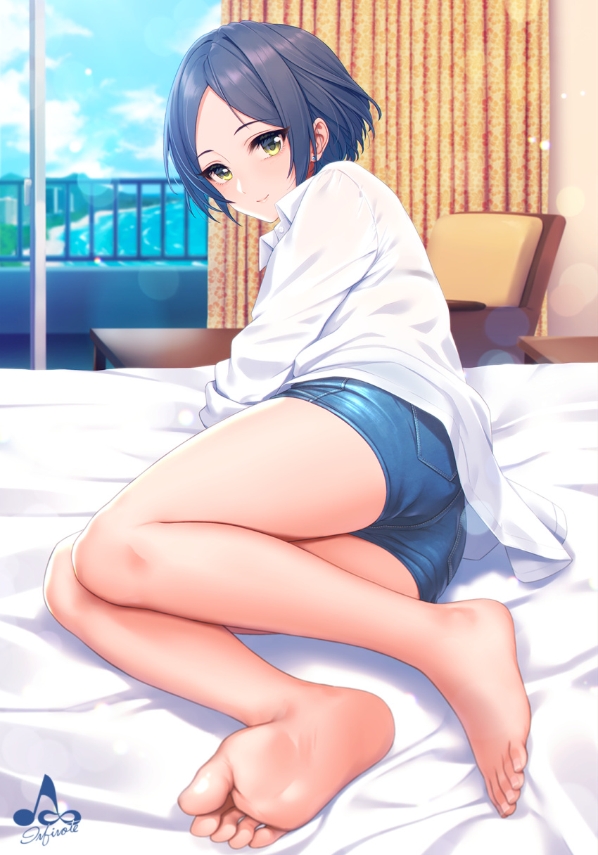 1girl artist_name ass bangs bare_legs barefoot blue_hair blue_shorts blurry blurry_background blush breasts chair closed_mouth collared_shirt commentary_request curtains day denim denim_shorts earrings eyebrows_visible_through_hair feet hayami_kanade highres idolmaster idolmaster_cinderella_girls indoors infinote jewelry looking_at_viewer medium_breasts on_bed parted_bangs shirt short_hair short_shorts shorts smile soles solo stud_earrings table toes untucked_shirt white_shirt window yellow_eyes