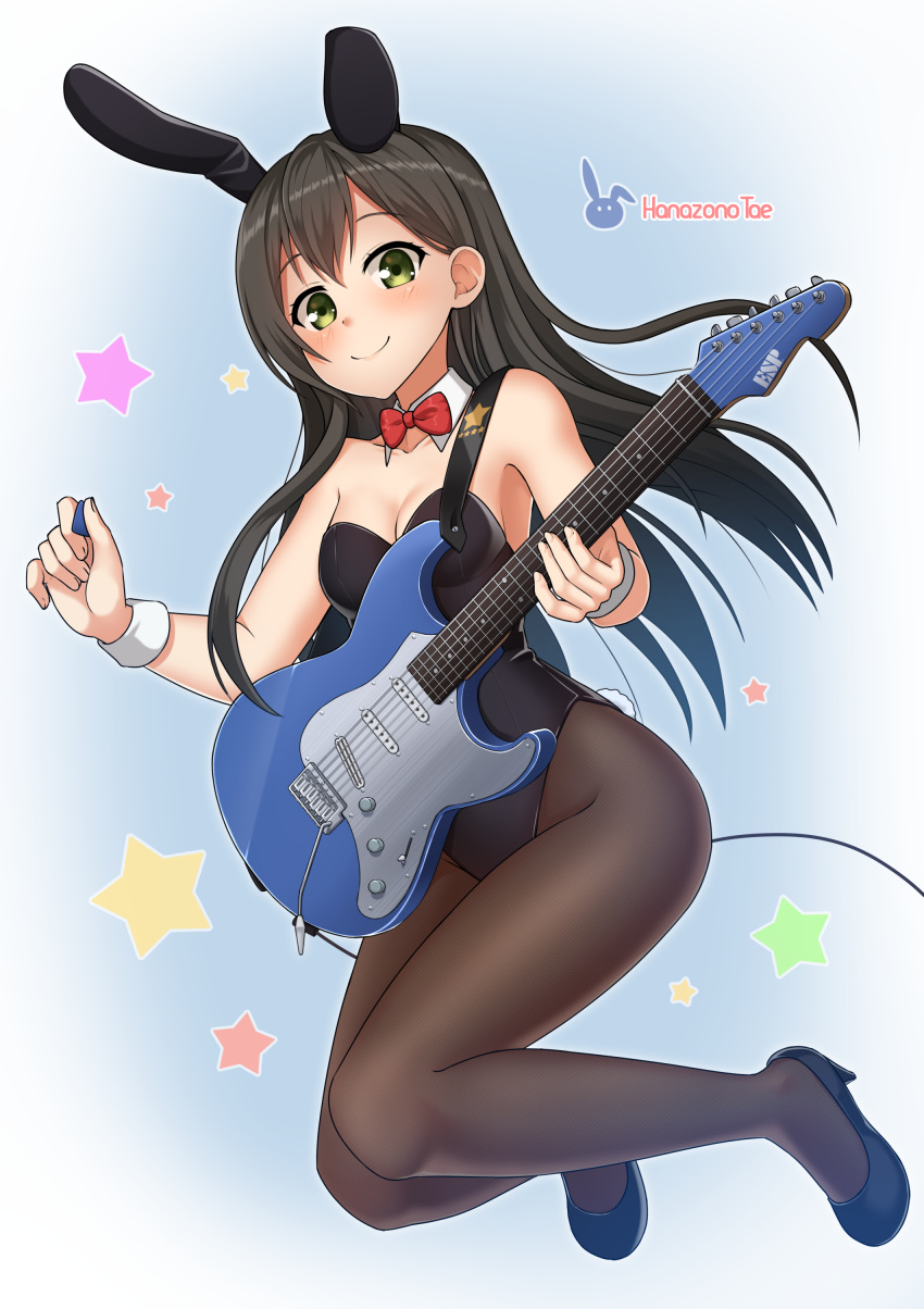 1girl absurdres animal_ears bang_dream! black_footwear black_hair black_legwear black_leotard blue_background bow bowtie bunny_girl bunny_tail bunnysuit character_name detached_collar electric_guitar full_body gradient gradient_background green_eyes guitar hanazono_tae high_heels highres instrument kurisu-kun leotard long_hair looking_at_viewer pantyhose plectrum rabbit_ears red_neckwear smile solo strapless strapless_leotard tail wrist_cuffs