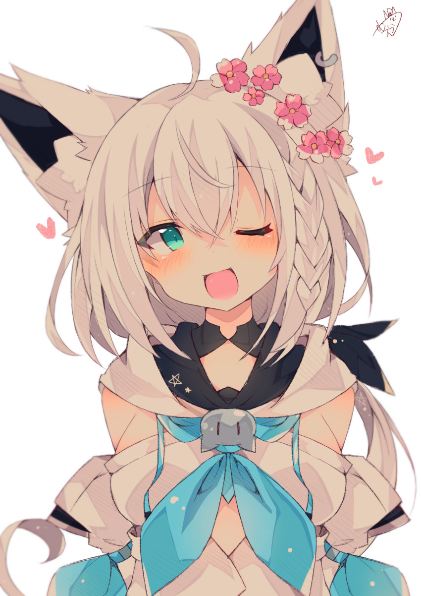 1girl ;d ahoge animal_ear_fluff animal_ears bangs blue_neckwear blush braid breasts commentary_request detached_sleeves ear_piercing eyebrows_visible_through_hair flower fox_ears green_eyes hair_between_eyes hair_flower hair_ornament head_tilt heart highres hololive long_hair medium_breasts muuran neckerchief one_eye_closed open_mouth piercing pink_flower shirakami_fubuki shirt signature simple_background sleeveless sleeveless_shirt smile solo upper_body very_long_hair virtual_youtuber white_background white_hair white_shirt white_sleeves