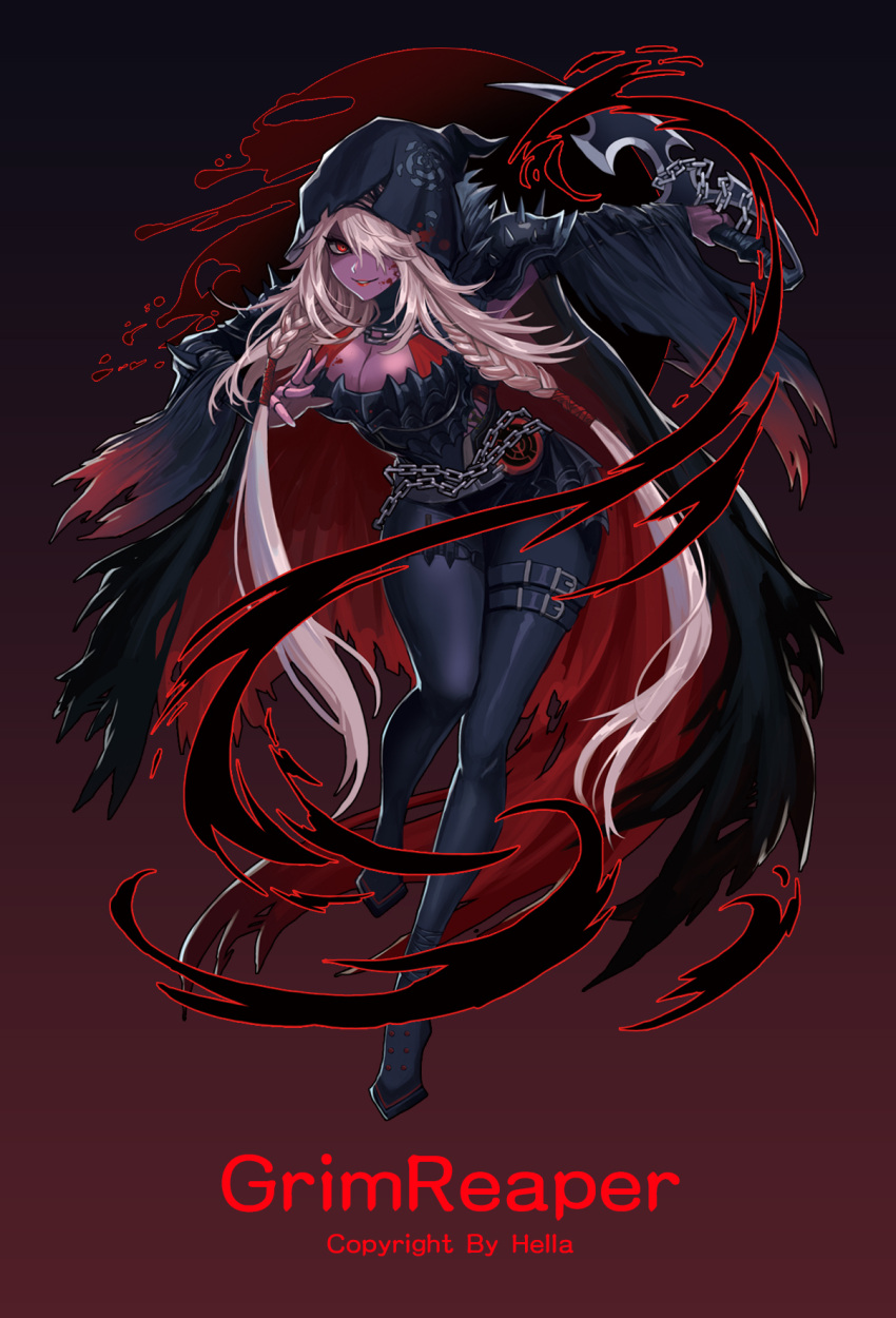 1girl belt belt_buckle blonde_hair blood blood_on_face bloody_clothes braid breasts buckle chains cleavage dagger drogod dungeon_and_fighter fingerless_gloves floral_print flower gloves gradient gradient_background hair_over_one_eye highres holding holding_dagger holding_weapon hood long_hair pink_gloves red_eyes red_lips rose rose_print shaded_face smile solo spikes standing tied_hair torn_clothes weapon