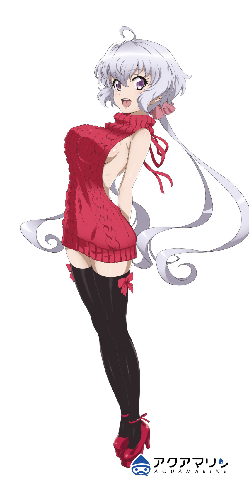 1girl absurdres ahoge arms_behind_back black_legwear breasts full_body hair_ornament hair_scrunchie high_heels highres large_breasts looking_at_viewer low_twintails meme_attire naked_sweater official_art open_mouth platform_footwear ribs scrunchie senki_zesshou_symphogear sideboob silver_hair solo sweater thigh-highs third-party_edit turtleneck turtleneck_sweater twintails violet_eyes virgin_killer_sweater white_background yukine_chris