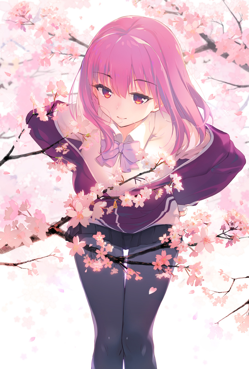 1girl baisi_shaonian bent_over black_legwear black_skirt bow bowtie cherry_blossoms closed_mouth eyebrows_visible_through_hair flower hands_on_hips highres looking_at_viewer pantyhose pink_hair purple_neckwear red_eyes shinjou_akane shirt short_hair skirt solo ssss.gridman standing white_shirt