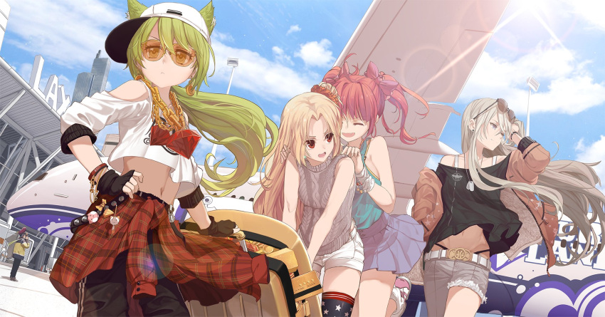 1boy 4girls ahoge aircraft airplane airport akashi_(azur_lane) animal_ears aran_sweater asymmetrical_clothes azur_lane baggy_pants bangs bare_shoulders bent black_blouse black_gloves black_panties black_pants blonde_hair blouse blue_skirt blue_sky blush bow bra bracelet breasts brown_jacket casual cat_ears chains cleveland_(azur_lane) closed_mouth clothes_around_waist clouds commentary crop_top crop_top_overhang day dishwasher1910 earrings ears_through_headwear enterprise_(azur_lane) eyebrows_visible_through_hair eyewear_on_head fang fingerless_gloves floating_hair gloves gold green_hair grey_pants grey_sweater hair_between_eyes hair_ornament hair_ribbon hair_scrunchie hand_on_hip hat highleg highleg_panties highres holding jacket jewelry large_breasts leaning_forward lens_flare long_hair long_sleeves looking_at_viewer low_ponytail luggage medium_breasts midriff multiple_girls navel necklace off-shoulder_blouse off_shoulder official_art one_side_up open_clothes open_jacket open_mouth orange_scrunchie outdoors panties pants pink_ribbon plaid plaid_sweater pleated_skirt red_eyes redhead ribbon ruby_(gemstone) san_diego_(azur_lane) scrunchie shirt shoes short_shorts shorts shoulder_cutout sidelocks silver_hair single_pantsleg skindentation skirt sky sleeveless sleeveless_shirt small_breasts smile sneakers star star_print stud_earrings sunglasses sunlight sweater sweater_around_waist sweater_vest teal_shirt thigh-highs tinted_eyewear tsurime twintails underwear very_long_hair violet_eyes watch white_bra white_crop_top white_hat white_shorts wind wristband yellow_bra yellow_eyes