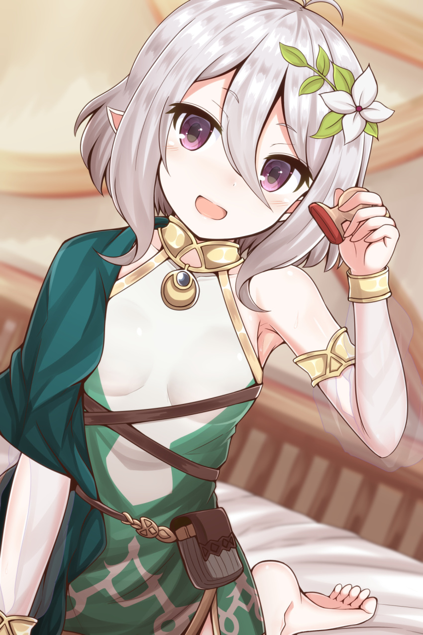 1girl arm_up armpits bed blurry blurry_background breasts cape commentary_request flower grey_hair hair_flower hair_ornament highres holding jewelry kneeling kokkoro_(princess_connect!) leaf_hair_ornament looking_at_viewer masa_masa neck_ring no_shoes open_mouth pointy_ears pouch pov princess_connect! princess_connect!_re:dive short_hair small_breasts solo stamp_mark violet_eyes