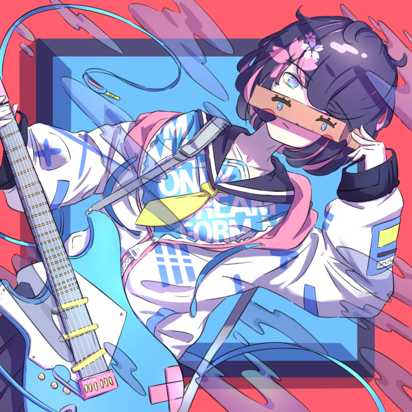 1girl album_cover black_hair black_skirt blue_eyes colorful cover dutch_angle electric_guitar guitar highres holding holding_instrument instrument kuwa_aak long_sleeves mask mask_removed original school_uniform serafuku short_hair skirt solo symbol-shaped_pupils uniform unplugged zipper