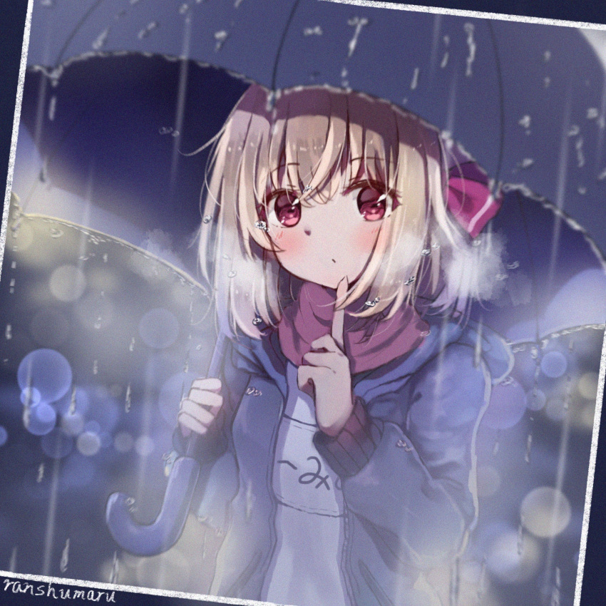 1girl alternate_costume artist_name bangs black_jacket blonde_hair blush breath chilia012 closed_mouth commentary_request eyebrows_visible_through_hair finger_to_chin hair_ribbon highres holding holding_umbrella index_finger_raised jacket long_sleeves looking_at_viewer name_tag open_clothes open_jacket photo purple_scarf rain red_ribbon ribbon rumia scarf shirt short_hair solo touhou umbrella upper_body violet_eyes water white_shirt