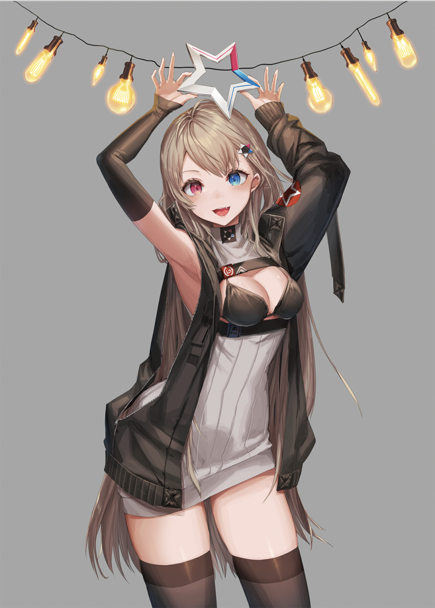 1girl :d armpits arms_up bangs bare_shoulders bikini black_bikini black_jacket blue_eyes blush breastless_clothes breasts brown_legwear cleavage commentary contrapposto cowboy_shot detached_sleeves dress eyebrows_visible_through_hair fang grey_background grey_dress hair_ornament highres holding jacket light_bulb long_hair long_sleeves looking_at_viewer medium_breasts open_clothes open_jacket open_mouth original pink_eyes short_dress simple_background smile solo star star_hair_ornament striped swimsuit symbol_commentary thigh-highs unzipped very_long_hair yu-ri zettai_ryouiki zipper