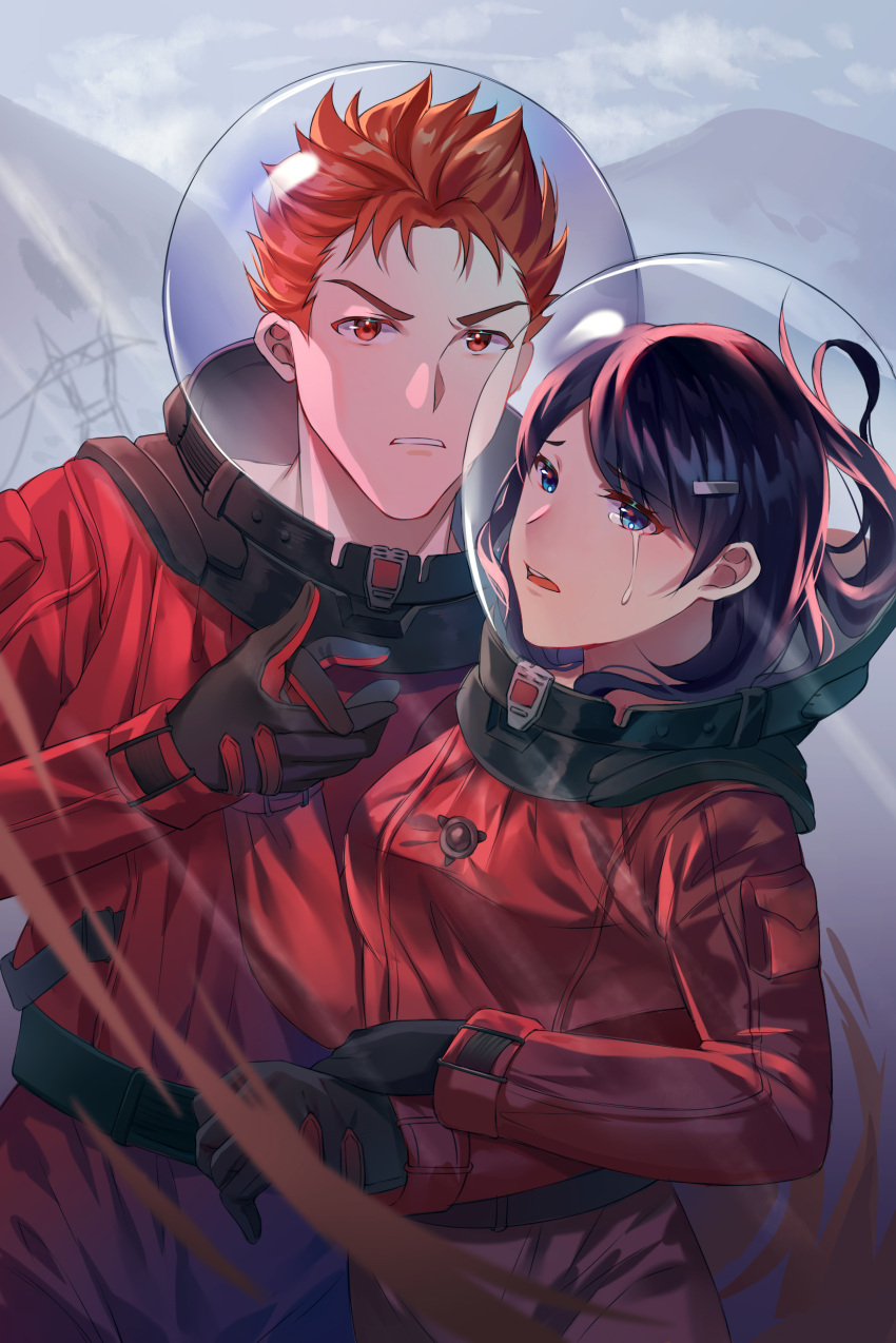 1boy 1girl absurdres astronaut_helmet black_gloves black_hair blue_eyes crying crying_with_eyes_open frown gloves hair_ornament hairclip hand_holding highres lingzi_sang long_hair looking_at_viewer mountain open_mouth orange_hair original outdoors red_eyes tears