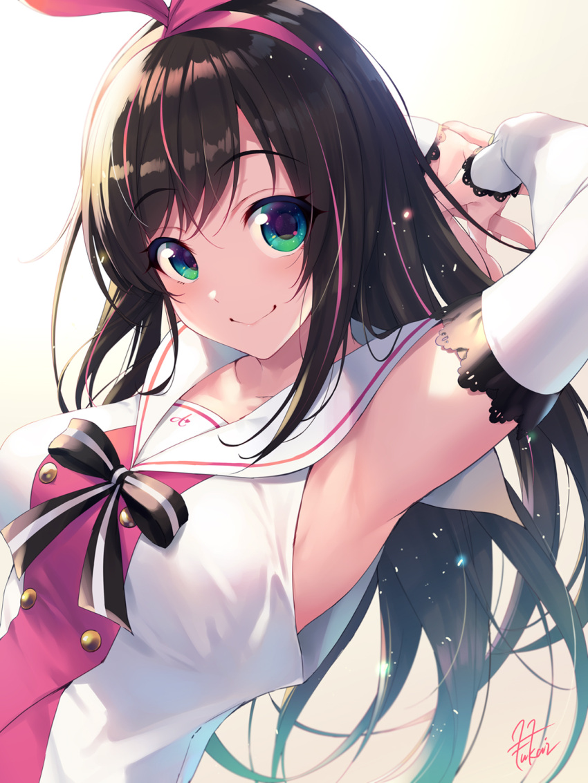 1girl a.i._channel armpits arms_behind_head arms_up bangs black_hair breasts buttons closed_mouth collarbone collared_shirt commentary_request detached_sleeves fukai_ryousuke green_eyes hairband highres kizuna_ai lace_trim light_particles long_hair long_sleeves looking_at_viewer medium_breasts multicolored_hair pink_hair pink_hairband sailor_collar shirt sidelocks signature smile solo streaked_hair swept_bangs upper_body virtual_youtuber white_sailor_collar white_shirt