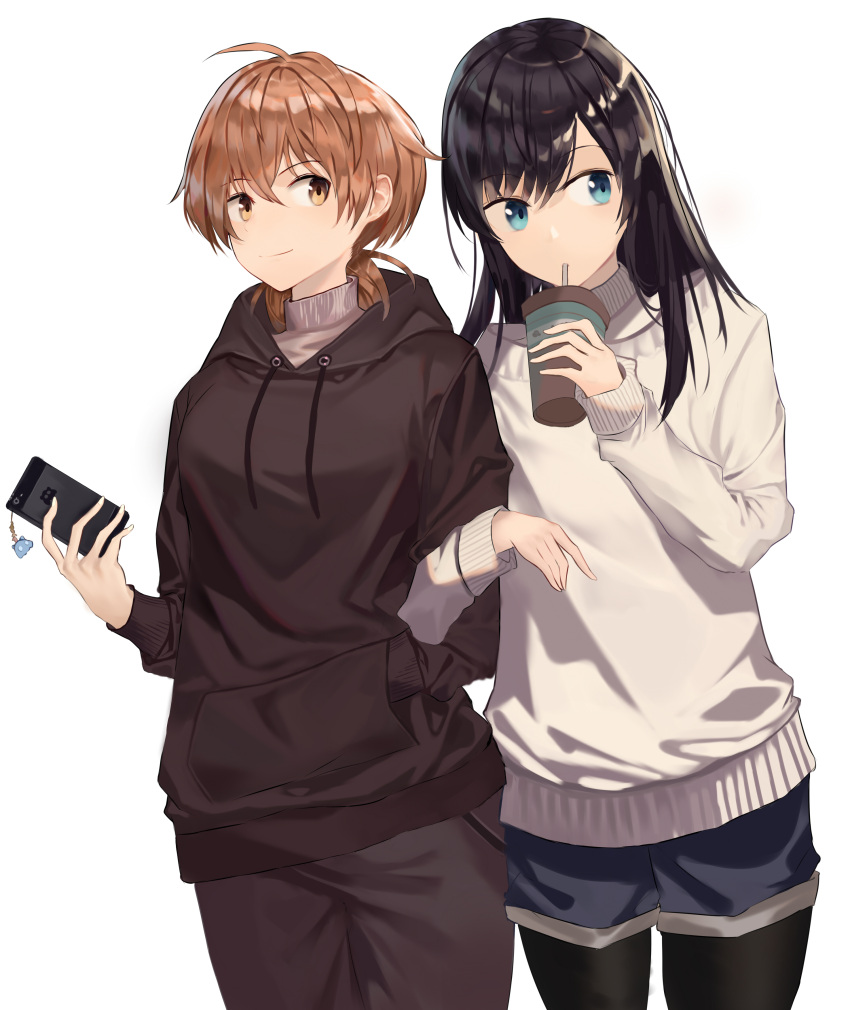 absurdres black_hair black_legwear black_pants blue_eyes blue_shorts brown_eyes brown_hair cellphone cellphone_charm cup drinking drinking_straw hand_in_pocket highres holding holding_cup hood hood_down hoodie koito_yuu locked_arms long_sleeves nanami_touko pants pantyhose phone short_hair short_twintails shorts standing sweatshirt tuan_yi twintails white_background yagate_kimi_ni_naru yuri