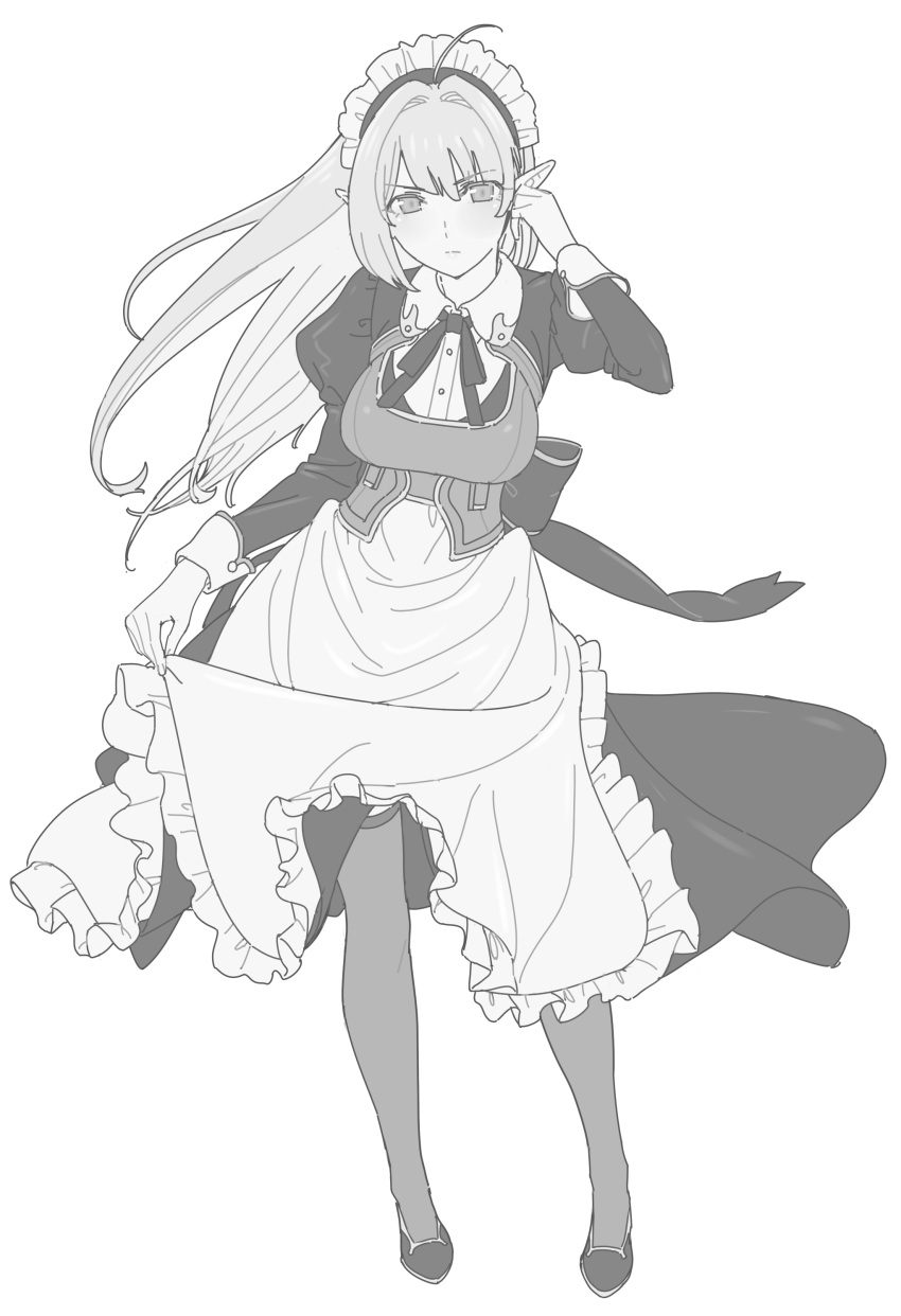 1girl absurdres ahoge apron apron_lift breasts fantasy frown full_body greyscale highres kujuu_shikuro large_breasts lifted_by_self long_hair looking_at_viewer maid maid_apron maid_headdress monochrome original pointy_ears solo thigh-highs white_background