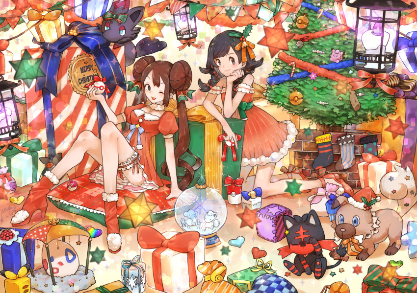 2girls ;d alolan_form alolan_vulpix bangs black_hair box breasts brown_hair candle candy candy_cane cat christmas christmas_tree clefairy commentary_request creature creatures_(company) cubchoo dog double_bun dress english_text fire flame food game_freak gen_1_pokemon gen_2_pokemon gen_5_pokemon gen_7_pokemon gift gift_box green_ribbon heart highres indoors kihiro_(pixiv15798613) litten litwick looking_at_viewer love_ball mei_(pokemon) merry_christmas mizuki_(pokemon) multiple_girls nintendo one_eye_closed open_mouth pikachu poke_ball poke_ball_theme pokemon pokemon_(creature) pokemon_(game) pokemon_bw2 pokemon_usum red_dress red_footwear red_ribbon ribbon rockruff sidelocks signature sitting_on_ground small_breasts smile star striped striped_ribbon stuffed_toy tied_hair togepi twintails vulpix zorua