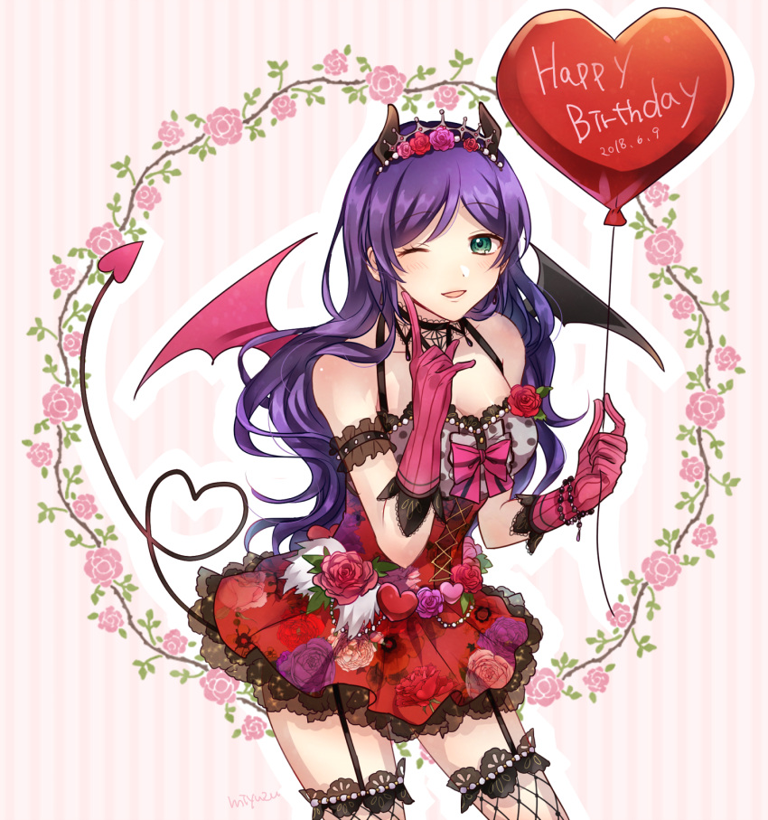 1girl artist_name balloon black_wings blush breasts cleavage commentary_request demon_girl demon_horns demon_tail demon_wings dot_nose dress eyebrows_visible_through_hair fishnet_legwear fishnets flower gloves green_eyes happy_birthday heart heart_balloon heart_tail highres holding holding_balloon horns large_breasts long_finger long_hair looking_at_viewer love_live! love_live!_school_idol_project mismatched_wings miyuzu pink_gloves pink_wings purple_hair red_dress red_flower red_heart red_rose rose smile solo tail thigh-highs toujou_nozomi wings