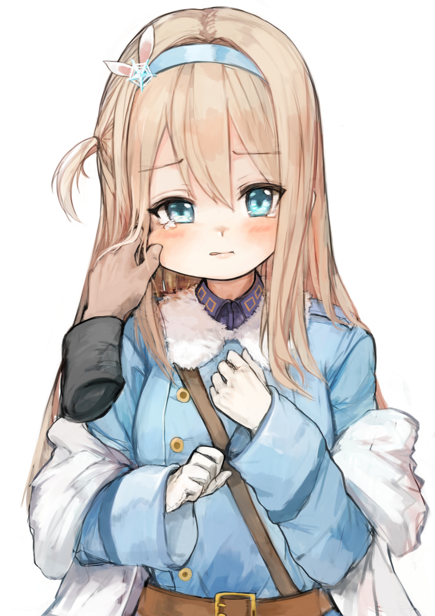 1girl absurdres bangs belt belt_buckle blonde_hair blue_eyes blue_hairband blush broche_(timpet) brown_belt buckle buttons cheek_pull disembodied_limb eyebrows_visible_through_hair fur-trimmed_sleeves fur_collar fur_trim girls_frontline gloves hair_between_eyes hair_intakes hairband highres long_hair long_sleeves looking_at_viewer open_mouth simple_background solo_focus straight_hair suomi_kp31_(girls_frontline) tears white_background white_gloves