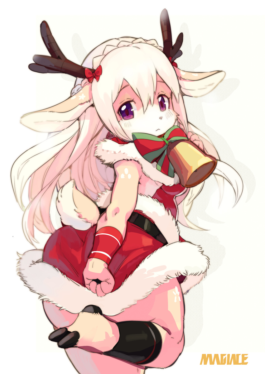 1girl absurdres animal_ears antlers artist_name barefoot bell belt christmas commentary covering covering_ass dress dress_tug from_behind furry highres leg_up long_hair looking_back magiace original red_dress reindeer_antlers reindeer_ears reindeer_tail santa_costume short_dress solo tail violet_eyes watermark white_hair