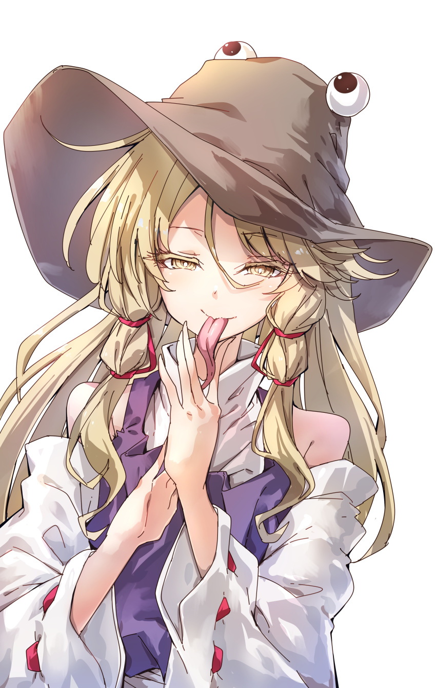 1girl :p absurdres adapted_costume bangs bare_shoulders blonde_hair brown_hat colored_eyelashes commentary_request darjeeling_(reley) detached_sleeves eyebrows_visible_through_hair hair_between_eyes hair_ribbon hands_up hat highres long_hair long_sleeves long_tongue looking_at_viewer moriya_suwako purple_vest ribbon ribbon-trimmed_sleeves ribbon_trim shirt sidelocks simple_background smile solo tongue tongue_out touhou upper_body vest white_background white_shirt wide_sleeves yellow_eyes
