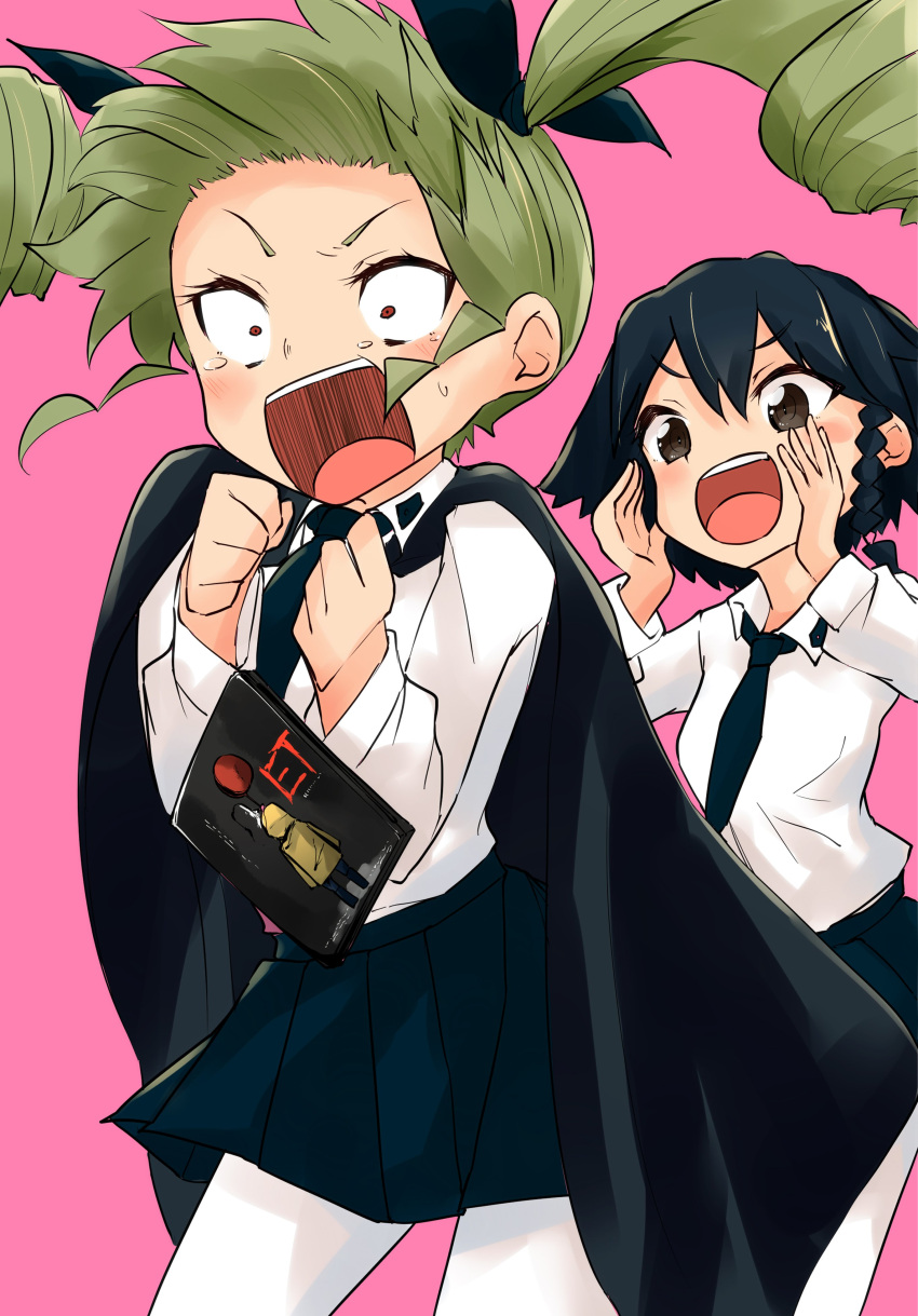 2girls :d absurdres anchovy anzio_school_uniform bangs barashiya black_cape black_hair black_neckwear black_ribbon black_skirt blush braid brown_eyes cape clenched_hands commentary constricted_pupils cupping_hands dress_shirt drill_hair dvd_case eyebrows_visible_through_hair frown girls_und_panzer green_hair hair_ribbon highres it_(stephen_king) leaning_forward long_hair long_sleeves looking_at_another miniskirt multiple_girls necktie open_mouth pantyhose pepperoni_(girls_und_panzer) pink_background pleated_skirt red_eyes ribbon scared school_uniform shirt short_hair shouting side_braid simple_background skirt smile standing tearing_up title_parody twin_drills twintails v-shaped_eyebrows white_legwear white_shirt