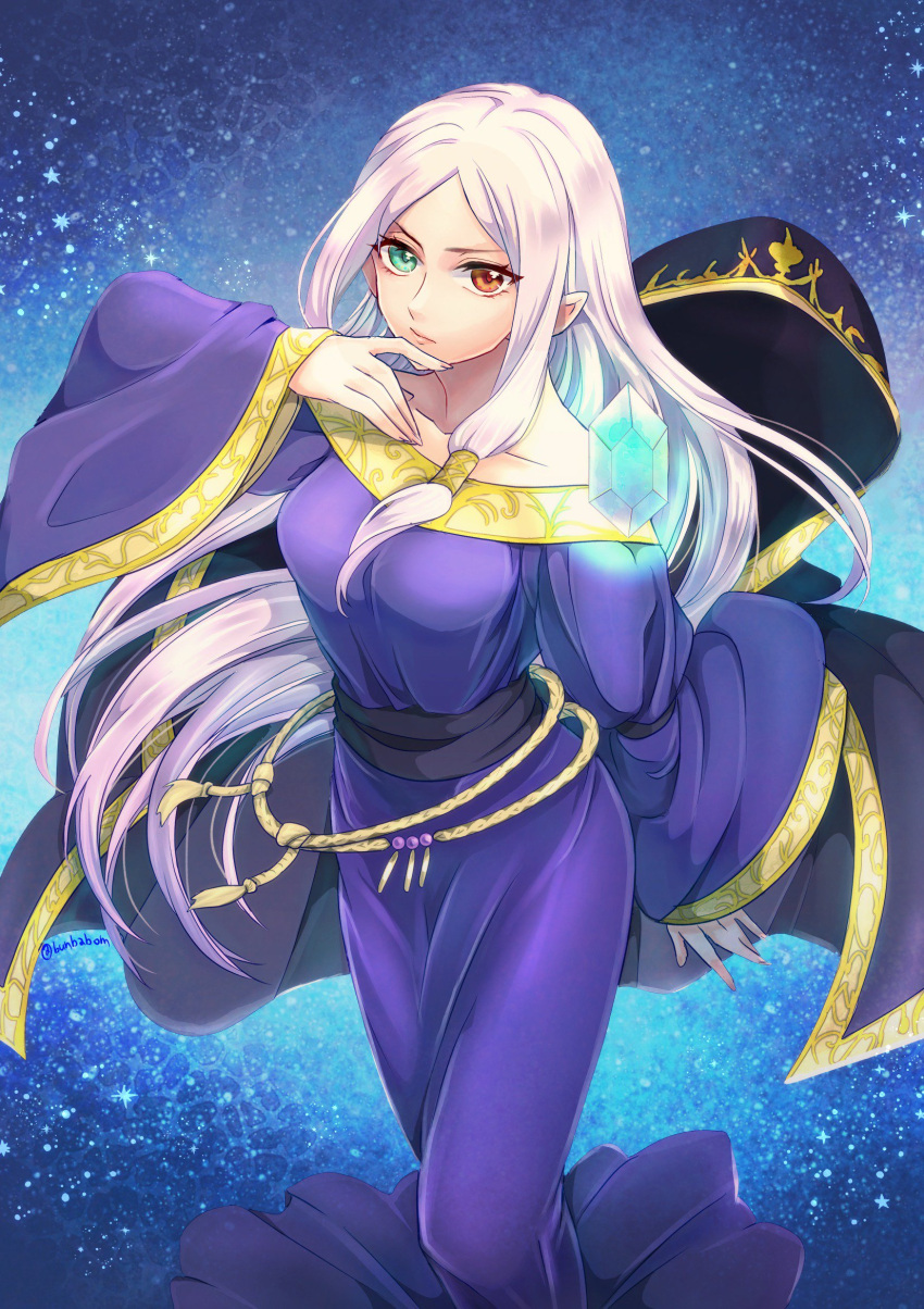 1girl closed_mouth dress fire_emblem fire_emblem:_fuuin_no_tsurugi floating floating_object green_eyes heterochromia highres idoun long_dress long_hair long_sleeves mamkute nintendo pointy_ears purple_dress purple_hair red_eyes sidelocks solo stone taguchi_(igutiguti) twitter_username wide_sleeves