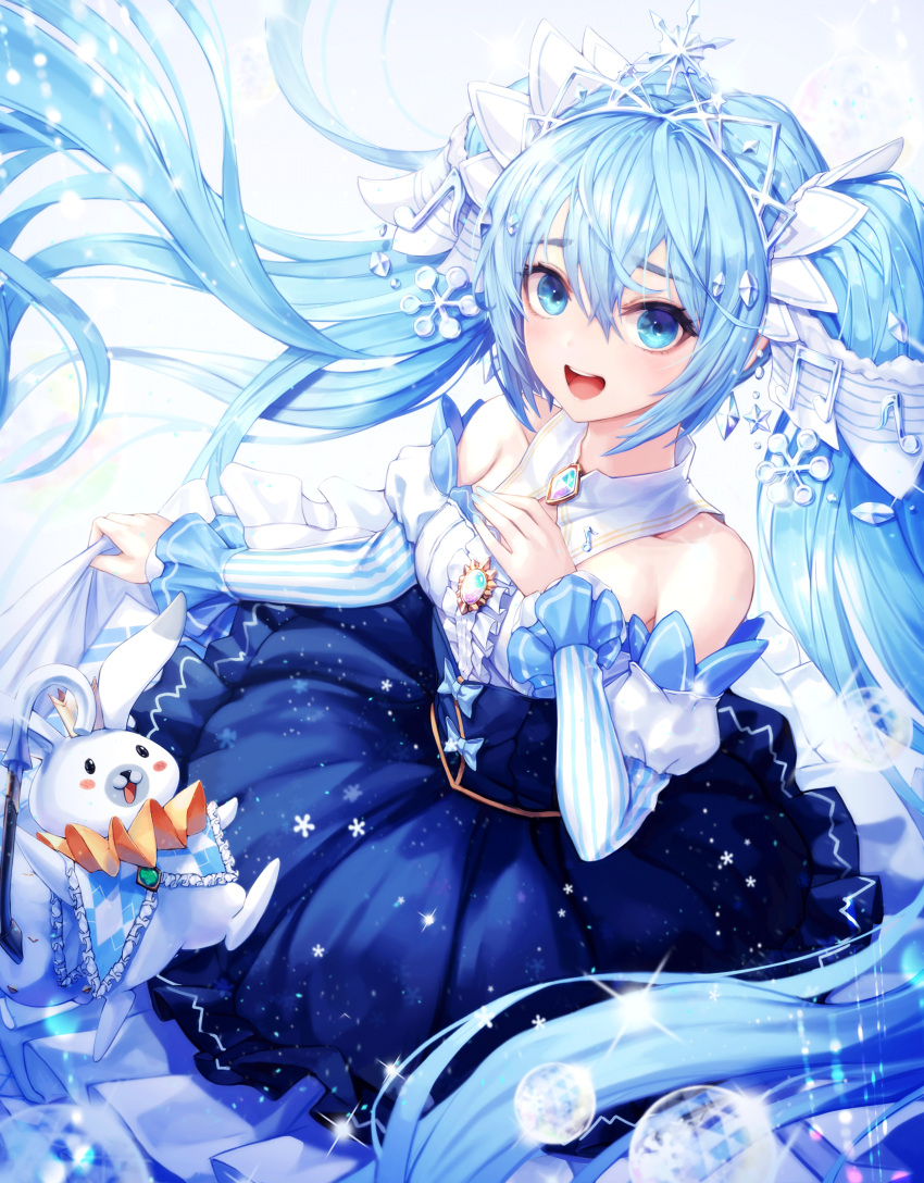 1girl absurdres blue_dress blue_eyes blue_hair chyopeuteu detached_sleeves dress floating_hair hair_between_eyes hand_on_own_chest hatsune_miku highres long_hair looking_at_viewer musical_note_hair_ornament open_mouth rabbit snowflakes striped tiara twintails vertical_stripes very_long_hair vocaloid yuki_miku yukine_(vocaloid)