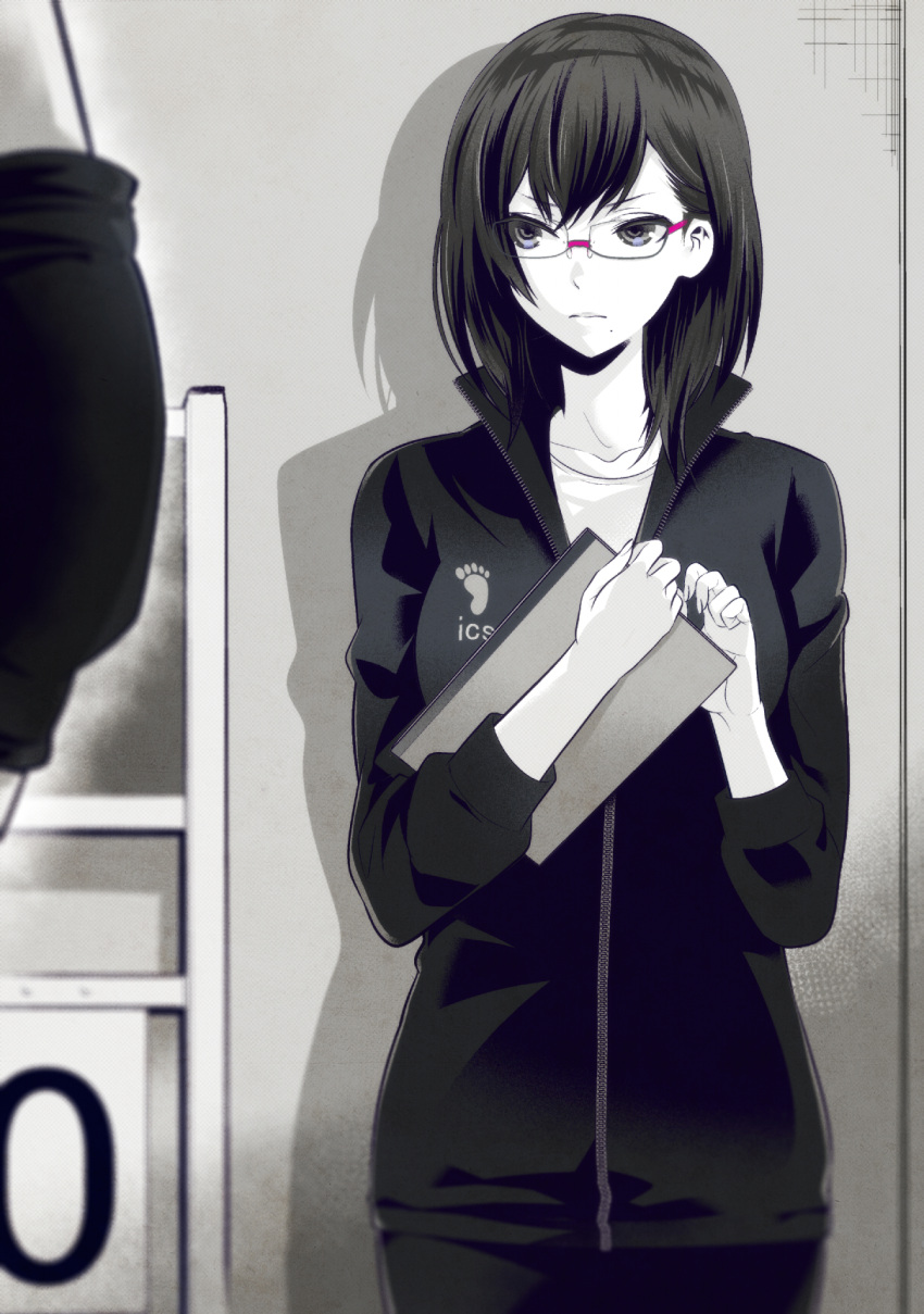 1girl bangs black_hair clipboard commentary_request glasses haikyuu!! highres holding holding_clipboard kuso_bba looking_at_another mole mole_under_mouth rimless_eyewear shimizu_kiyoko shirt standing track_suit violet_eyes white_shirt