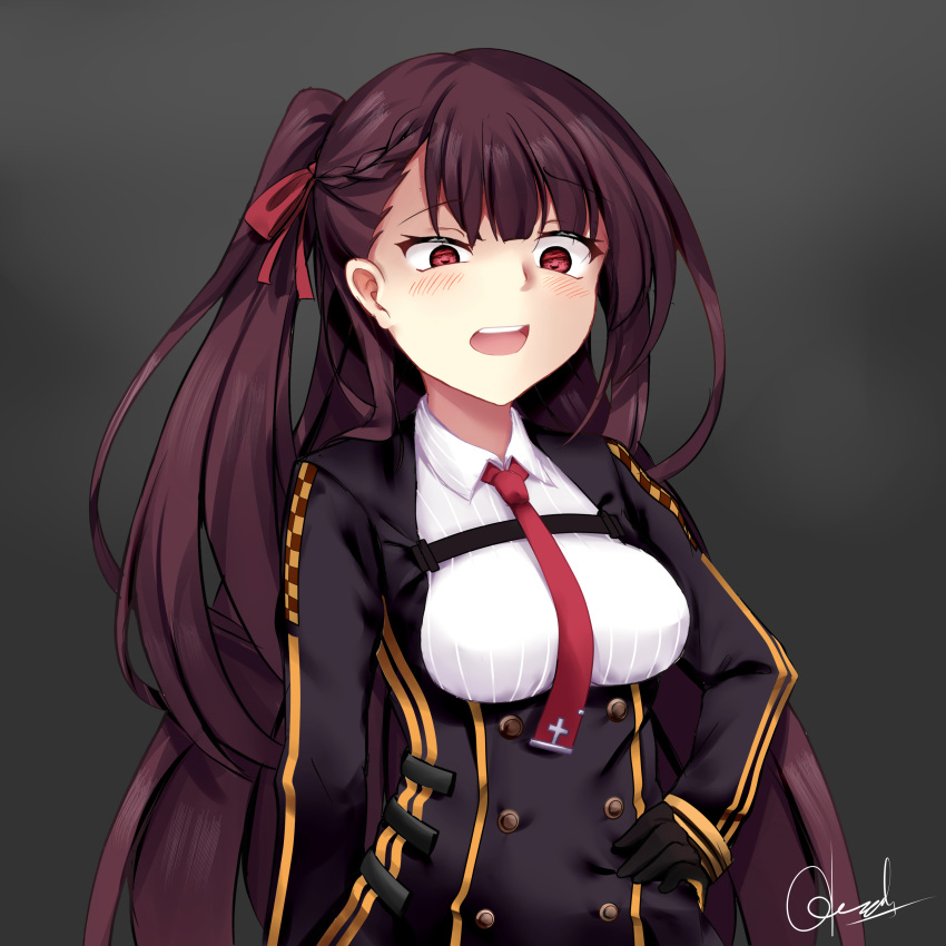1girl absurdres bangs black_skirt blazer blush breasts chrisandita collared_shirt eyebrows_visible_through_hair gesugao girls_frontline gloves grey_background hair_ribbon half_updo hand_on_hip high-waist_skirt highres jacket large_breasts long_hair looking_at_viewer necktie one_side_up open_mouth pantyhose purple_hair red_eyes red_neckwear ribbon shaded_face shirt sidelocks signature simple_background skirt solo strap tsurime upper_body very_long_hair wa2000_(girls_frontline)