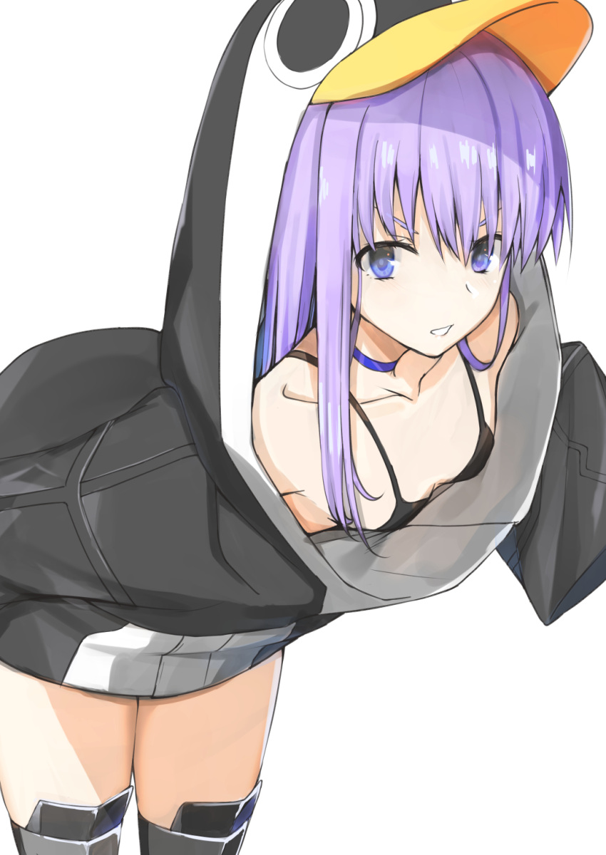 1girl animal_costume bare_shoulders black_bra black_jacket blue_eyes bra breasts collarbone commentary_request fate/grand_order fate_(series) highres jacket kaname_(melaninusa09) long_hair looking_at_viewer meltryllis parted_lips penguin_costume purple_hair simple_background sleeves_past_fingers sleeves_past_wrists small_breasts solo teeth underwear white_background white_jacket