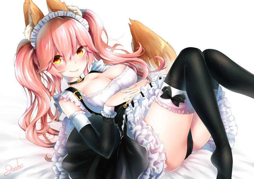 1girl alternate_costume animal_ear_fluff animal_ears apron ass black_legwear blush breasts choker cleavage collarbone detached_sleeves dress enmaided fate/extella fate/extra fate_(series) fox_ears fox_tail frills hair_ribbon hands_together large_breasts long_hair looking_at_viewer maid maid_apron maid_headdress pink_hair ribbon ribbon-trimmed_legwear ribbon_trim signature smile solo tail tamamo_(fate)_(all) tamamo_no_mae_(fate) thigh-highs thighs touwa_iyo yellow_eyes