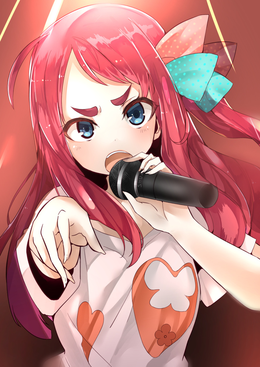 1girl ahoge blue_eyes bow fingernails highres holding holding_microphone long_hair microphone minamoto_sakura polka_dot polka_dot_bow redhead shirt yunekoko zombie_land_saga