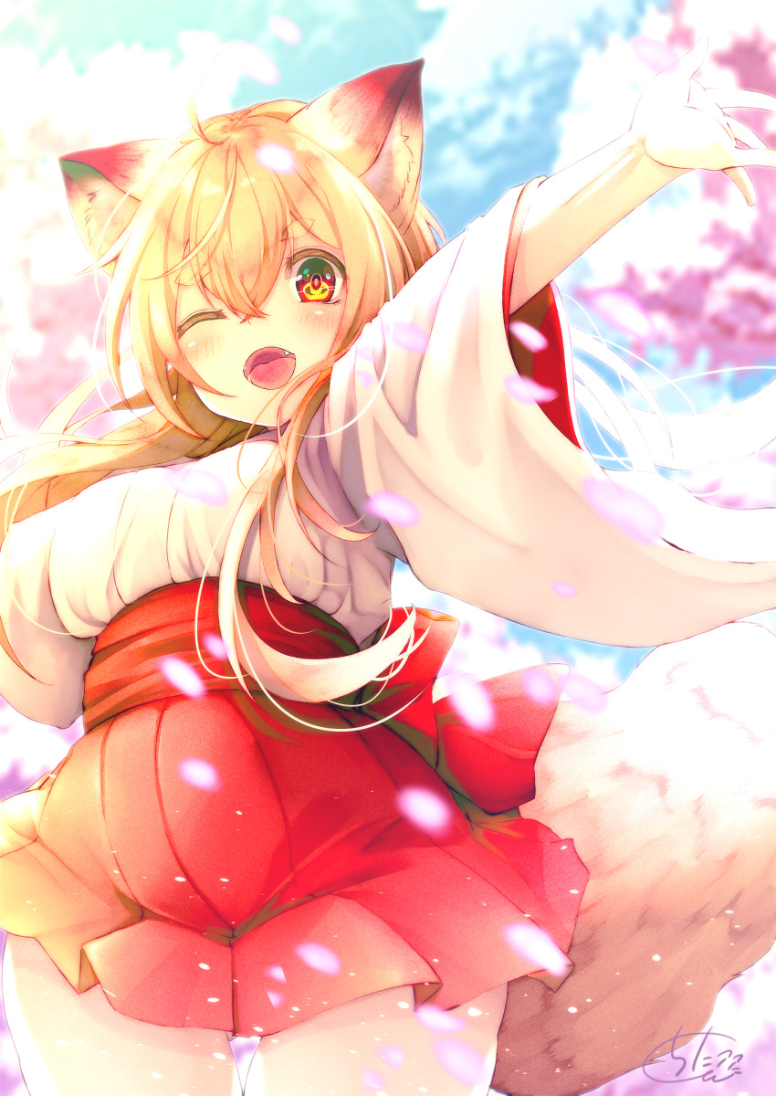 1girl ;d animal_ear_fluff animal_ears backlighting bangs blue_sky blush breasts brown_hair chita_(ketchup) commentary_request cowboy_shot day eyebrows_visible_through_hair fangs flower fox_ears fox_girl fox_tail gluteal_fold hair_between_eyes highres impossible_clothes impossible_skirt japanese_clothes kimono long_hair medium_breasts one_eye_closed open_mouth original outdoors outstretched_arm pink_flower pleated_skirt red_eyes red_skirt short_eyebrows short_sleeves signature skirt sky smile solo tail tail_raised thick_eyebrows thigh_gap very_long_hair white_kimono wide_sleeves