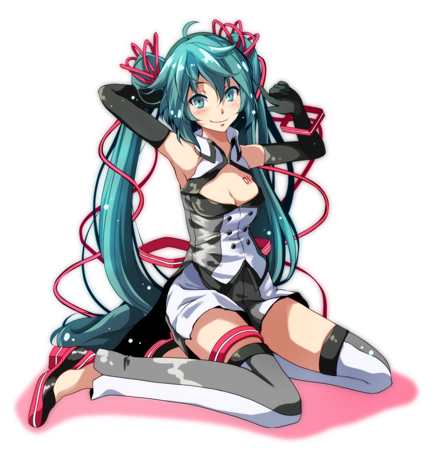 ahoge aqua_eyes aqua_hair arm_behind_head armpits arms_up bangs bare_shoulders black_gloves black_jacket breast_tattoo breasts cable cleavage closed_mouth commentary_request detached_pants elbow_gloves eyebrows_visible_through_hair full_body gloves hatsune_miku highres index_finger_raised jacket long_hair looking_at_viewer nijigen_dream_fever_(vocaloid) no_socks pink_footwear project_diva_(series) shoes shorts simple_background sitting sleeveless_jacket small_breasts smile tattoo thigh_strap tsukishiro_saika very_long_hair vocaloid white_background white_shorts yokozuwari