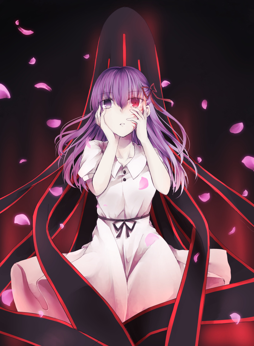 1girl absurdres black_background black_ribbon dress eyebrows_visible_through_hair facial_mark fate/stay_night fate_(series) floating_hair gradient gradient_background hair_between_eyes hair_ribbon hands_on_own_face heterochromia highres long_dress long_hair matou_sakura parted_lips petals purple_hair red_background red_eyes red_ribbon rei_no_himo ribbon short_sleeves solo sundress violet_eyes white_dress yua_(bokubo0806)