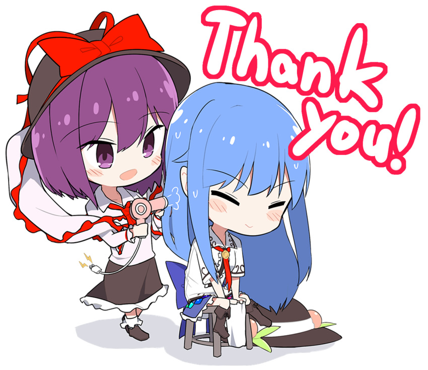 2girls :&gt; ascot bangs black_footwear black_hat black_skirt blue_hair blue_skirt blush bobby_socks boots bow center_frills chibi closed_eyes commentary_request eyebrows_visible_through_hair frilled_shawl frills full_body hair_between_eyes hair_dryer hat hat_bow hat_removed headwear_removed highres hinanawi_tenshi holding lightning_bolt long_hair long_sleeves multiple_girls nagae_iku neropaso open_mouth petticoat plug purple_hair red_bow red_neckwear shadow shawl shirt shoes short_hair short_sleeves sidelocks simple_background sitting skirt smile socks stool thank_you touhou very_long_hair violet_eyes white_background white_legwear white_shirt